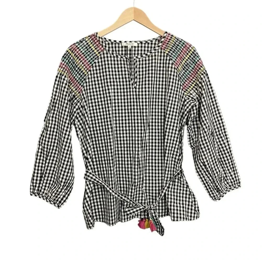 Madewell Black Gingham Smocked Cotton Top Size Medium
